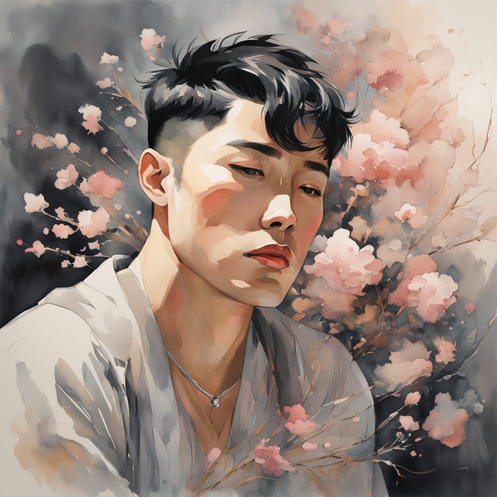 Tranquil Portrait of a Relaxing Young Man in Watercolor