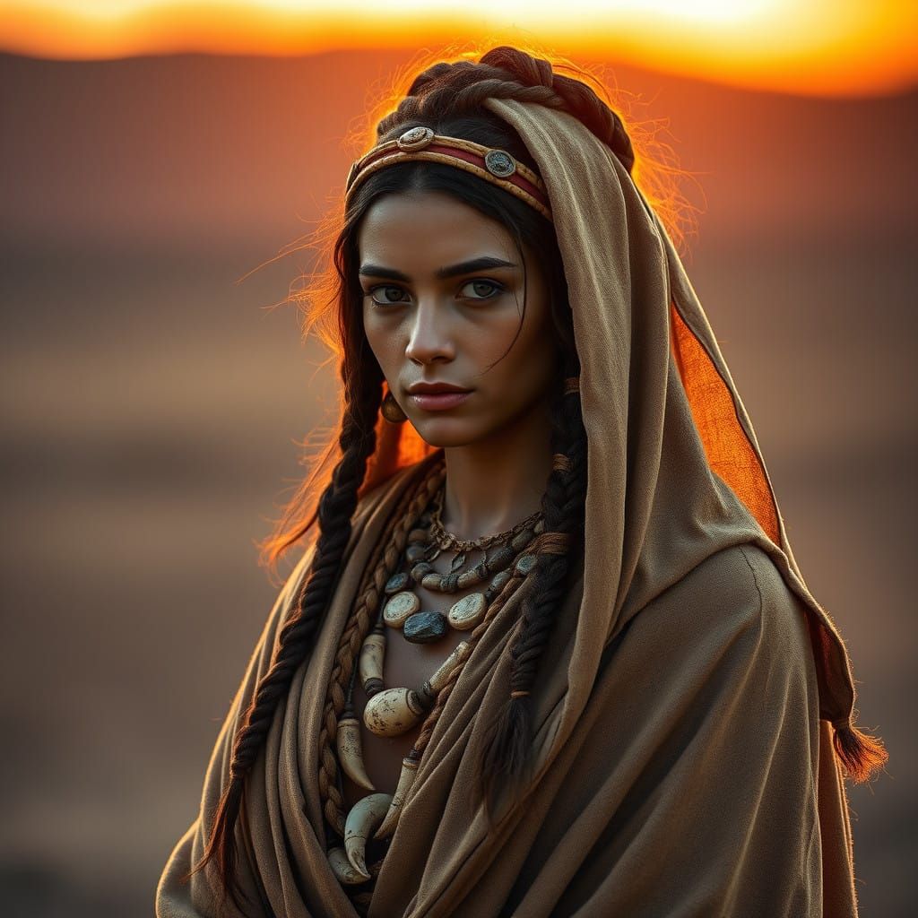 Beautiful woman dressed in 13000 B.C. fashion and wearing hairstyle 13000 B.C., Dan Witz