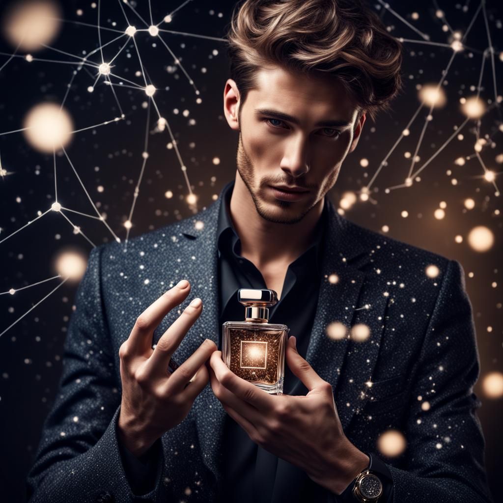 Fashionable Man Wearing Perfume with Constellations