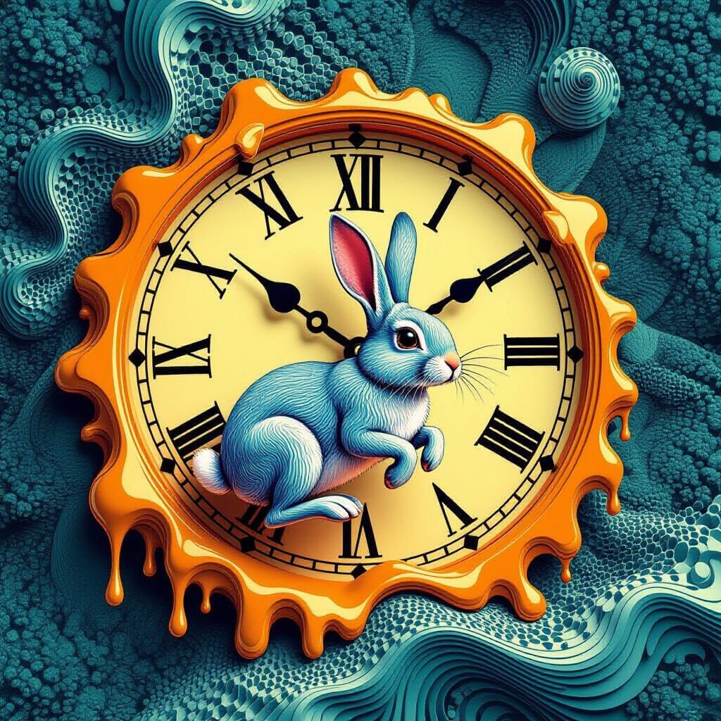 Surreal Rabbit Fractal Art Around Melting Clock