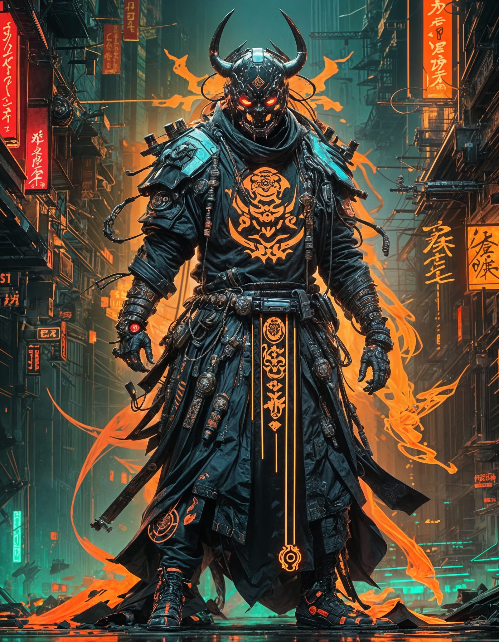 Neon Oni Ronin in Cyberpunk Futuristic Market
