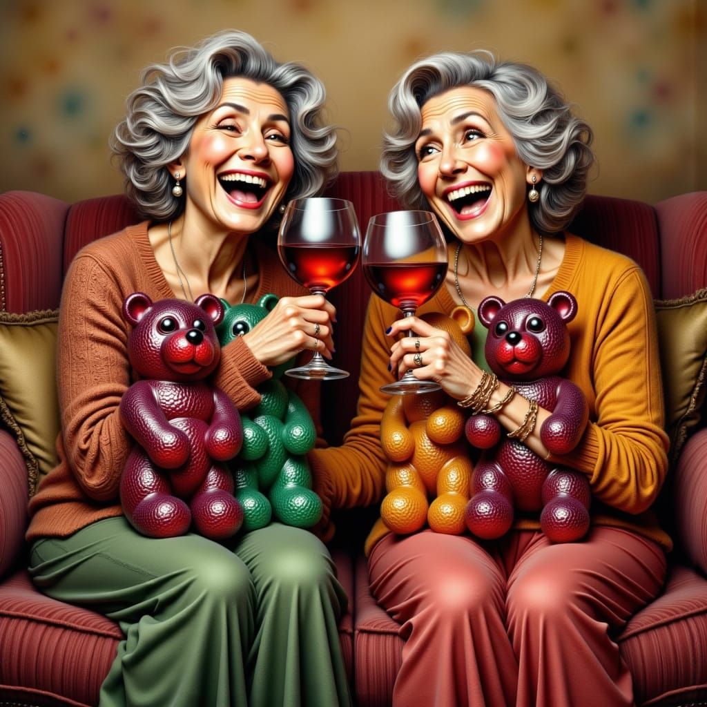 Two Merry Women Enjoy Wine and Gummies in Hyperrealistic Sty...