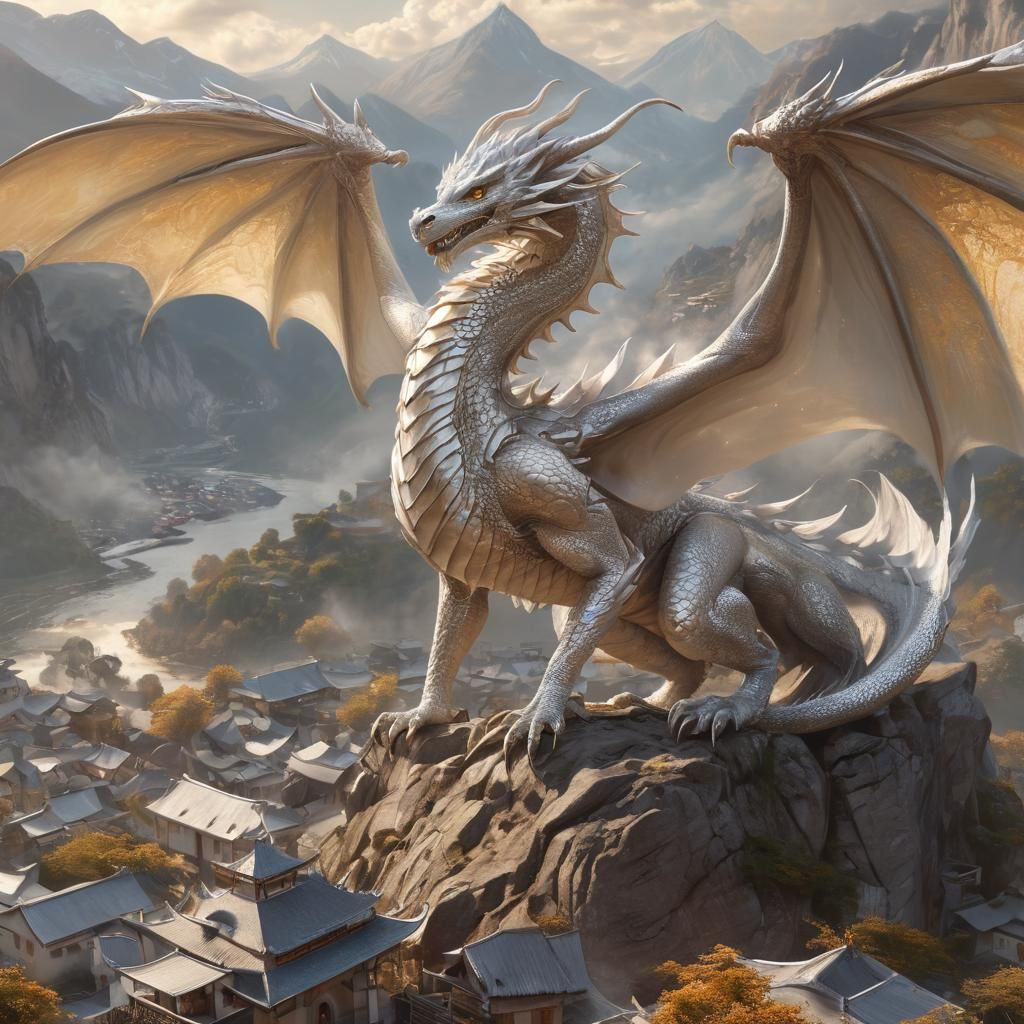 Magnificent Silver Dragon Overlooking Village