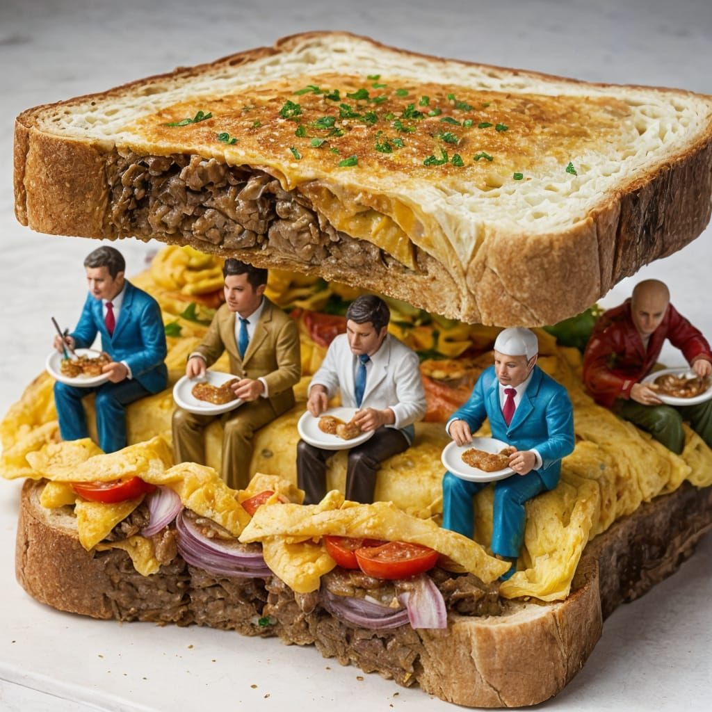 Miniature Men Feast on Omelet Sandwich