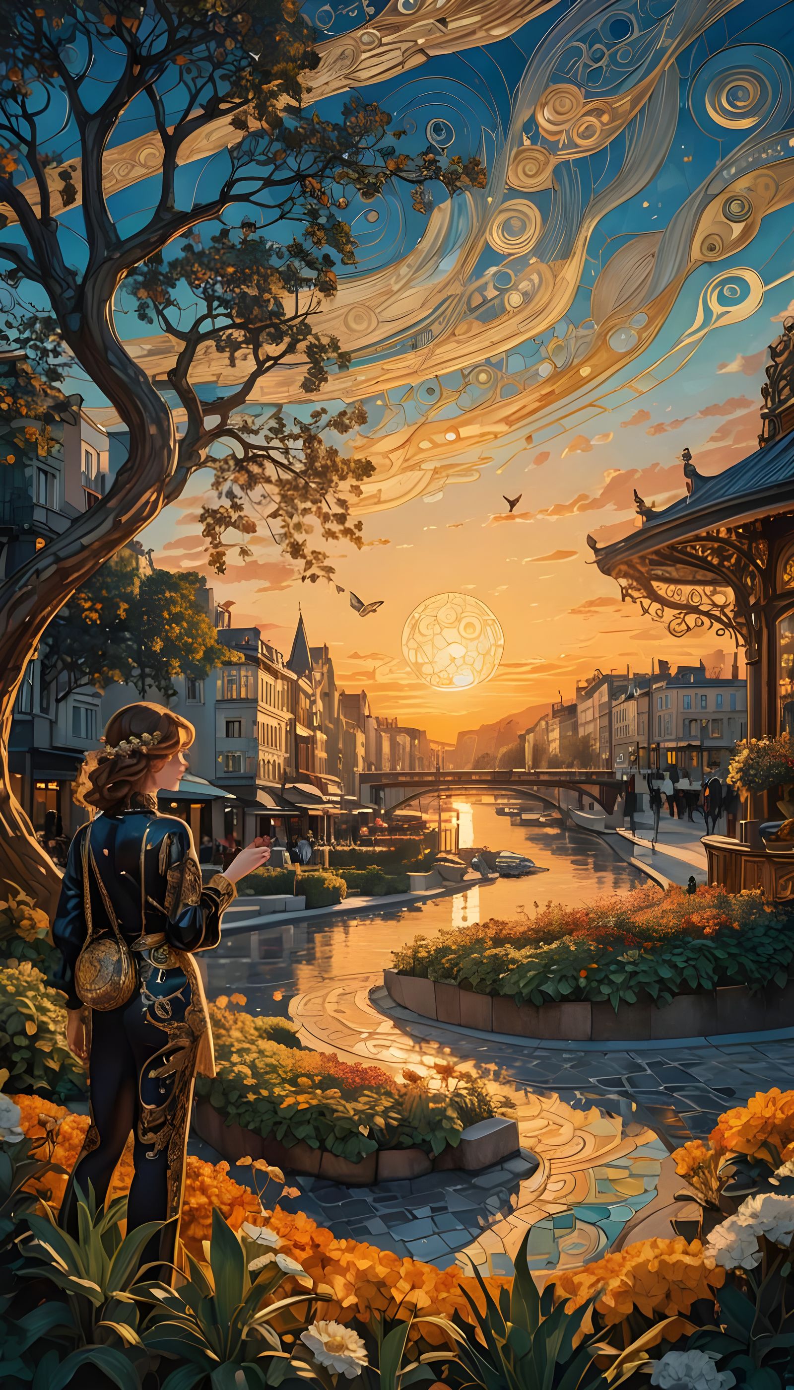 Lady Influencer Posing on Downtown Street, Klimt Style