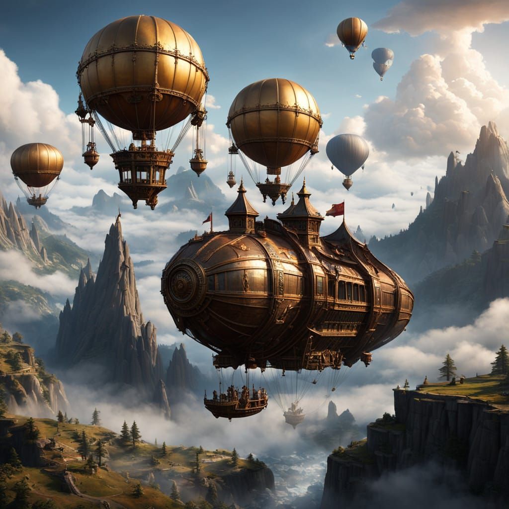 Victorian-Style Steam Airships Soar through Majestic Mountai...