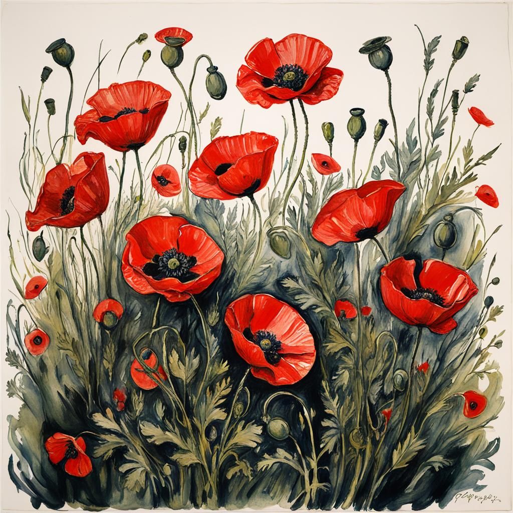 Red Poppies in Botanical Ink Drawing Style