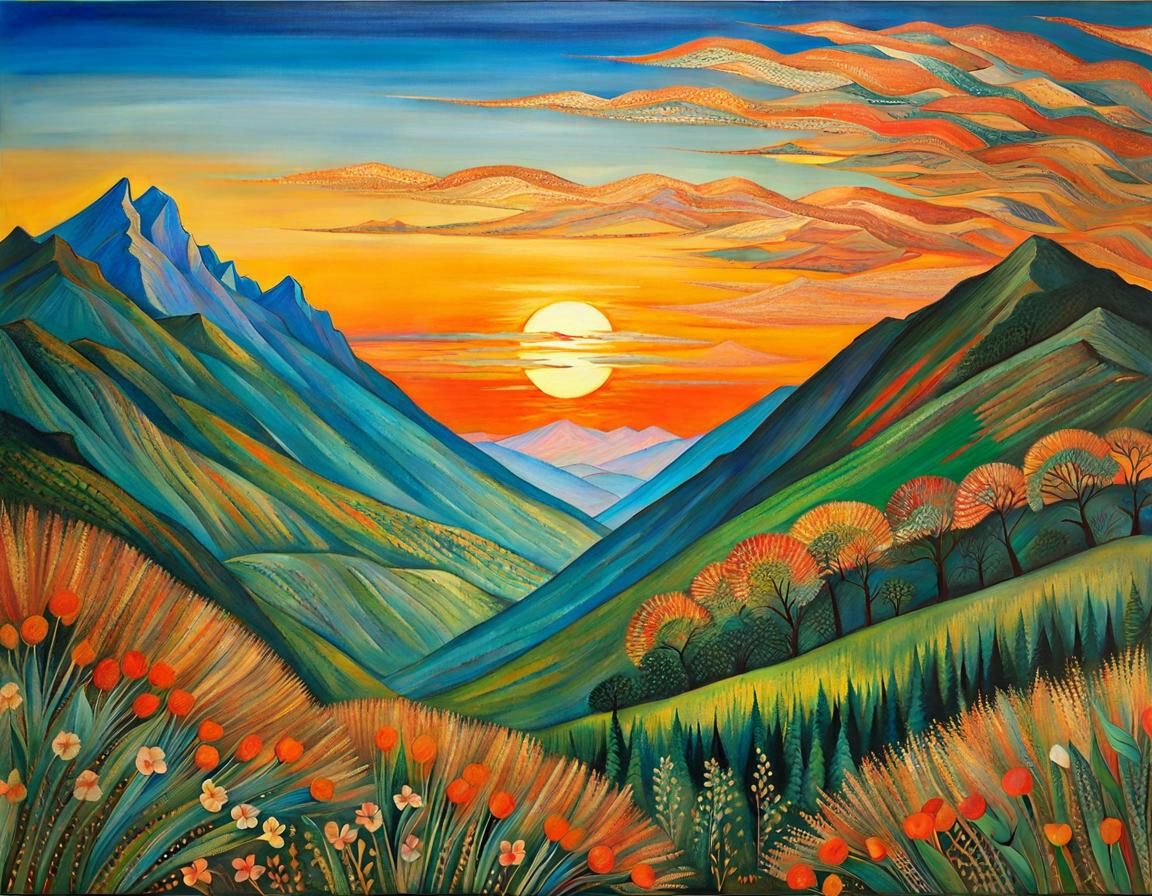 Mountainscape in Impressionist Folk Art Style