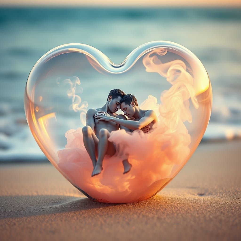 Smokey Figures Embrace in Glass Heart, Beach Scene
