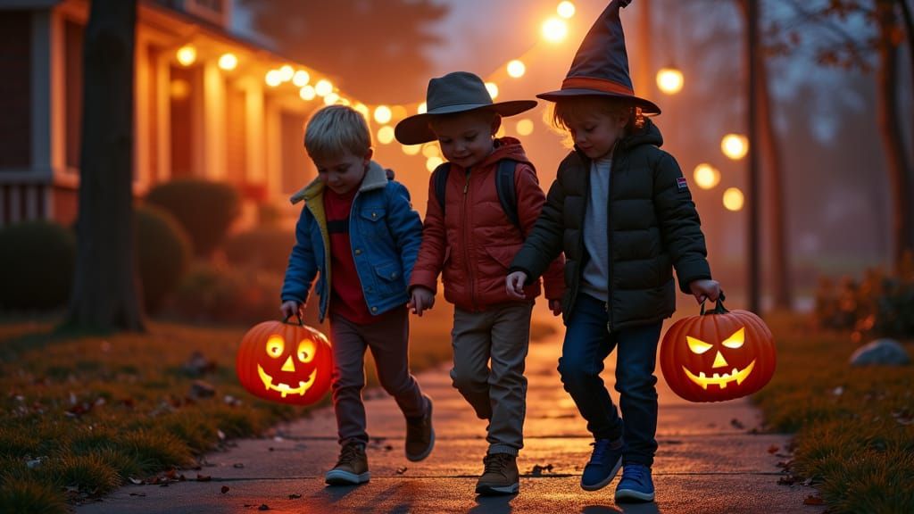 Children Enjoying Halloween Trick-or-Treating Adventure