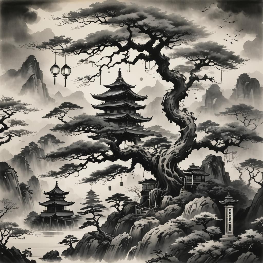 Surreal Sumi-e Bonsai Tree with Pagoda and Figures