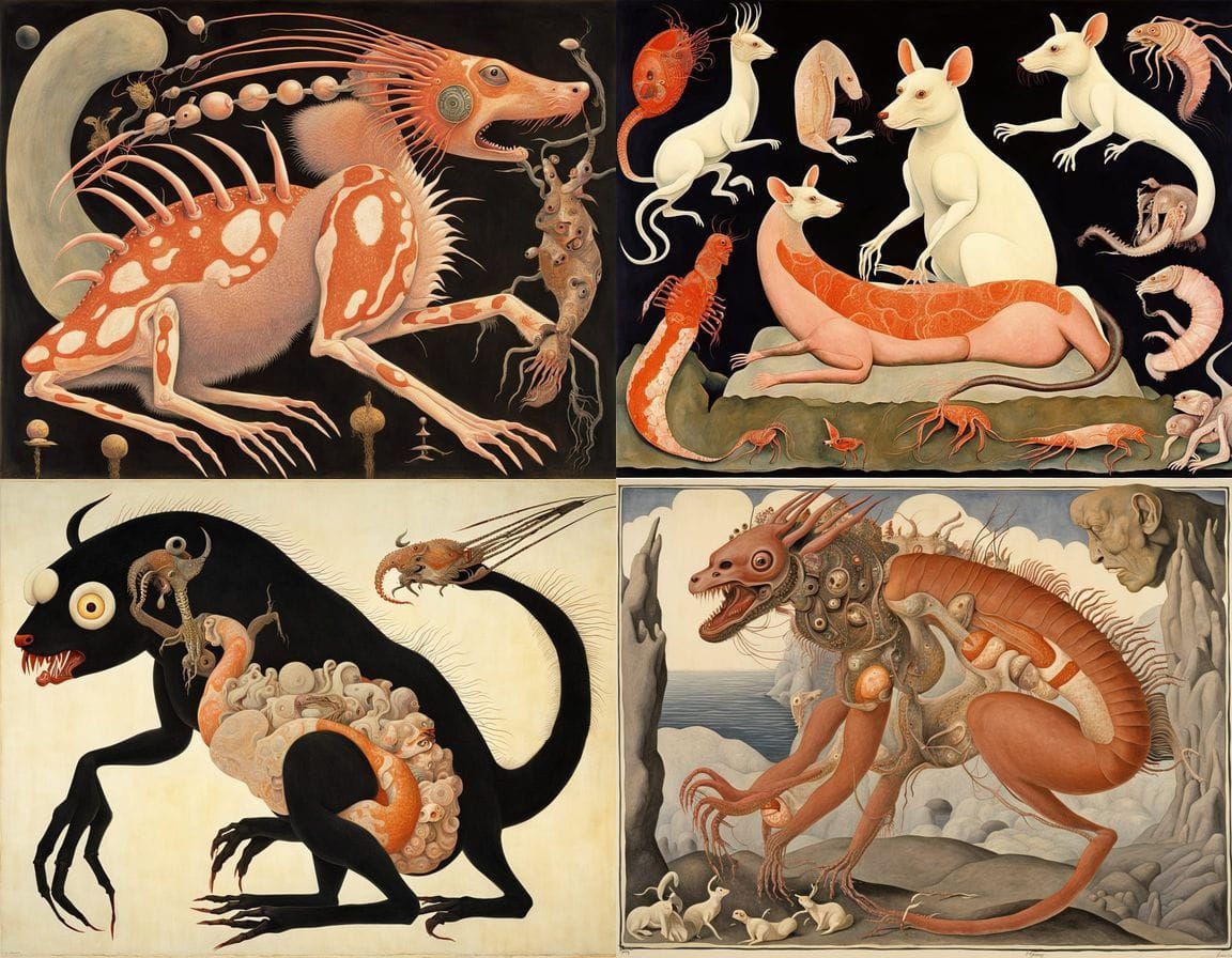 Grotesque Hybrid Creature with Exposed Internal Organs