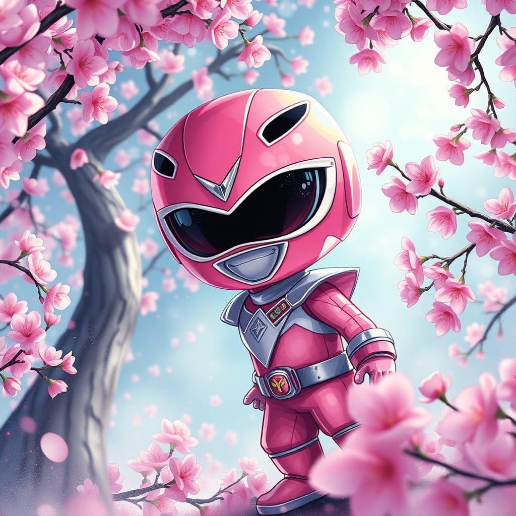 Chibi Pink Power Ranger with Cherry Blossoms