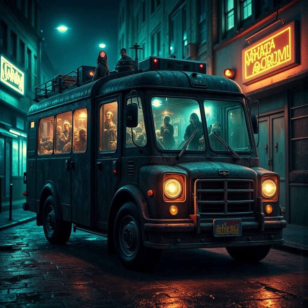 Surreal Fantasy Scene with Old Van, Bloody Mary, and Bathroo...