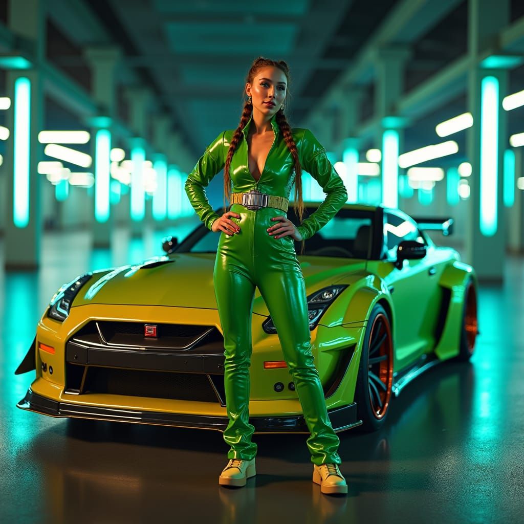 Pinup Girl and Skyline in Dystopian Neon Garage