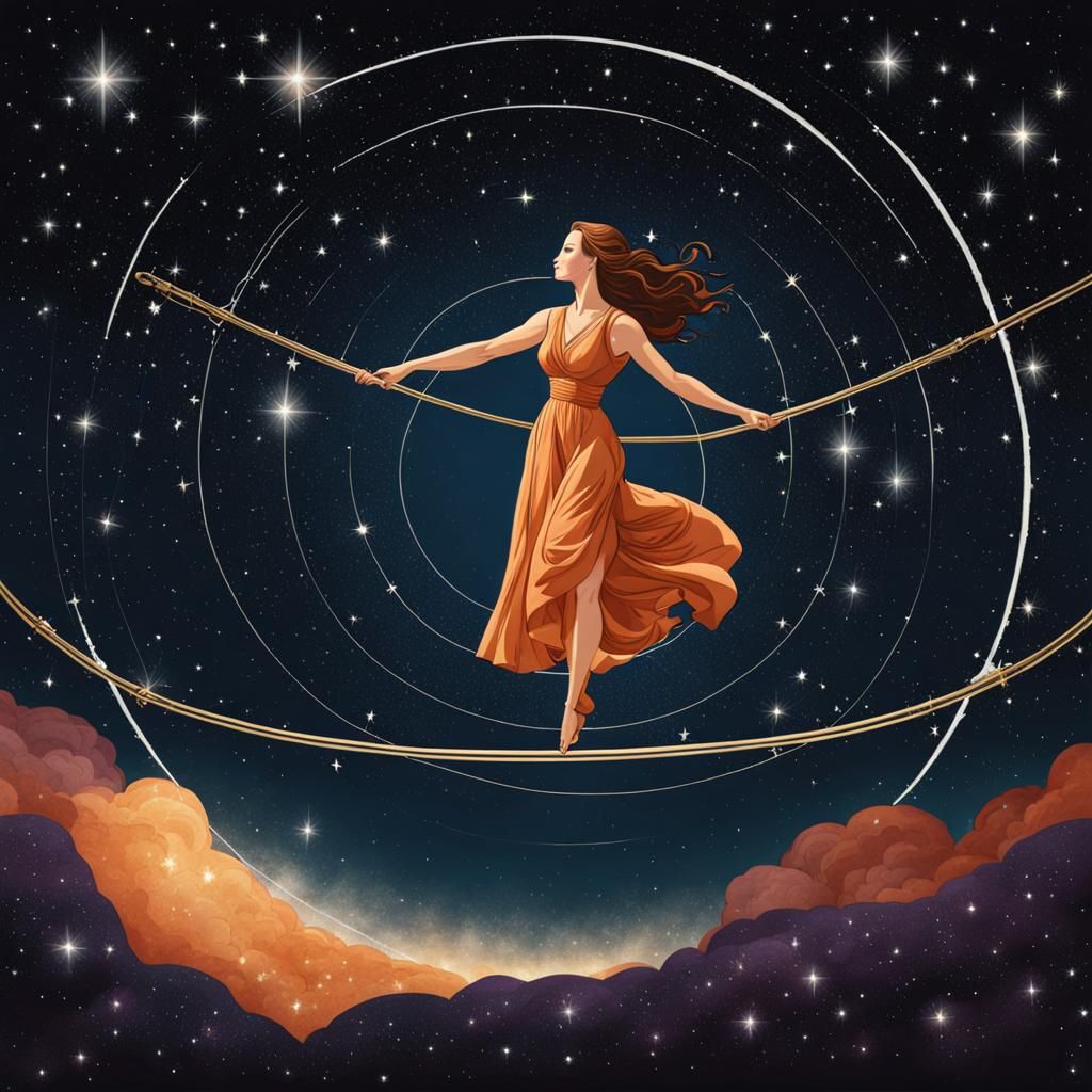 Woman Balancing on Tightrope in Cosmos