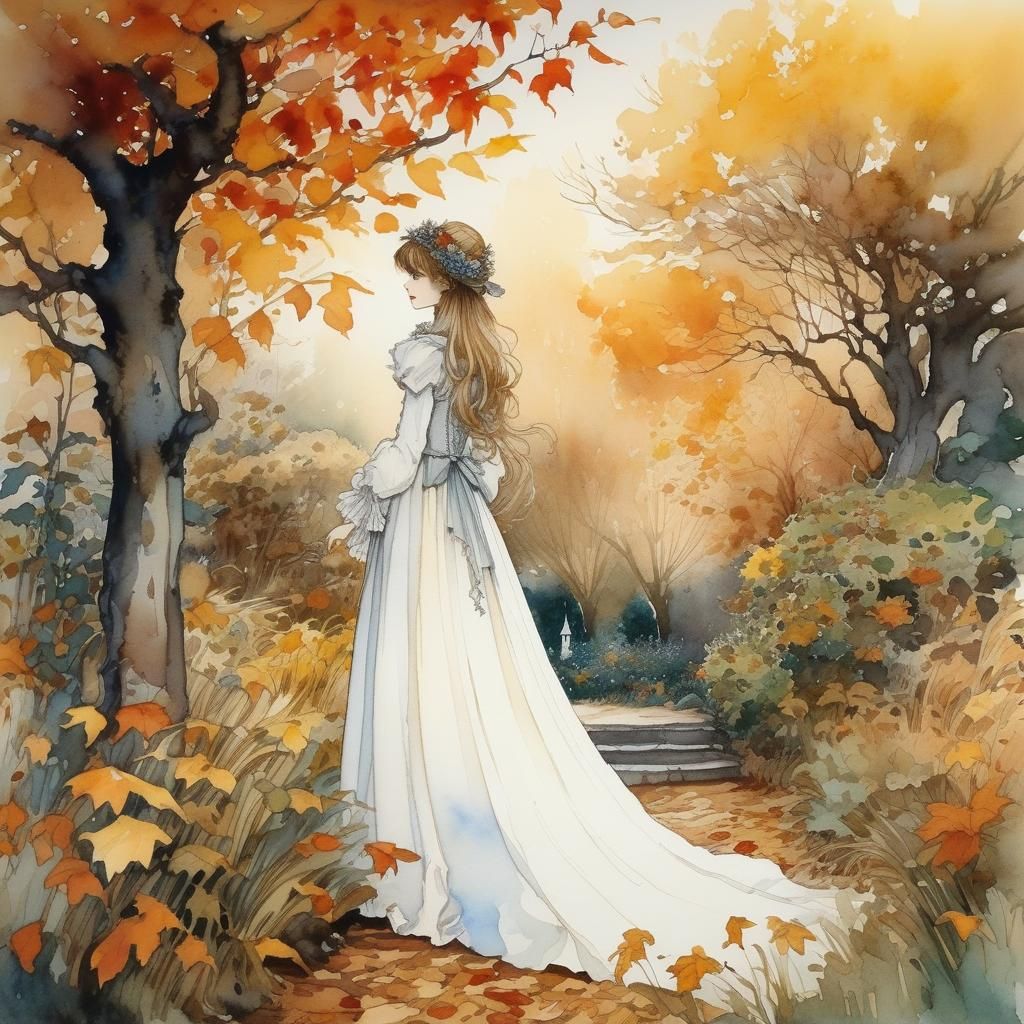 Fairytale Girl in Autumn Garden, Watercolor Anime Style