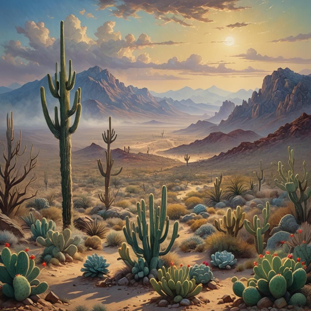 Mojave Desert Cactus in Ethereal Oil Painting