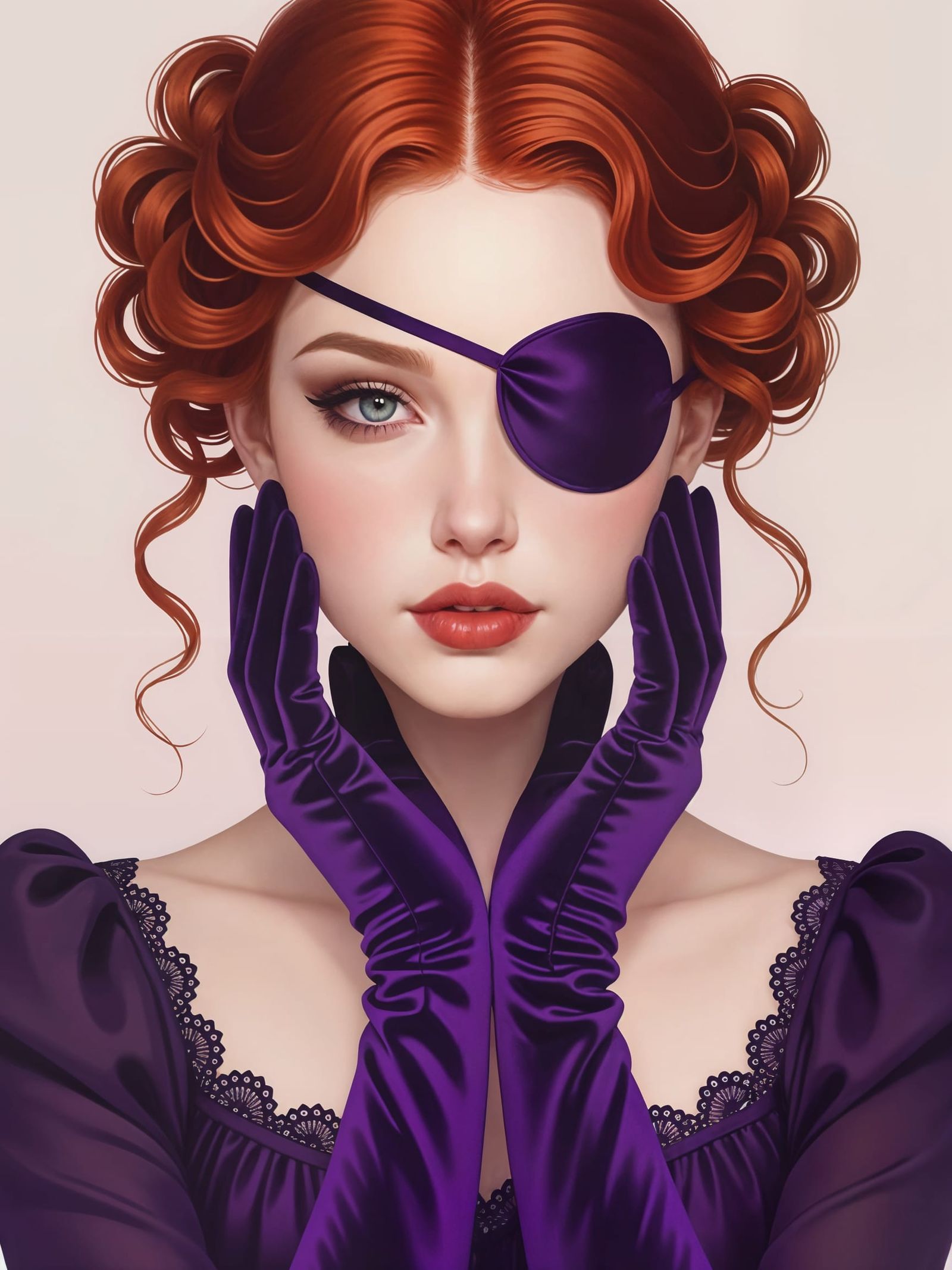 Redhaired Woman with Purple Eyepatch in Chiffon Dress