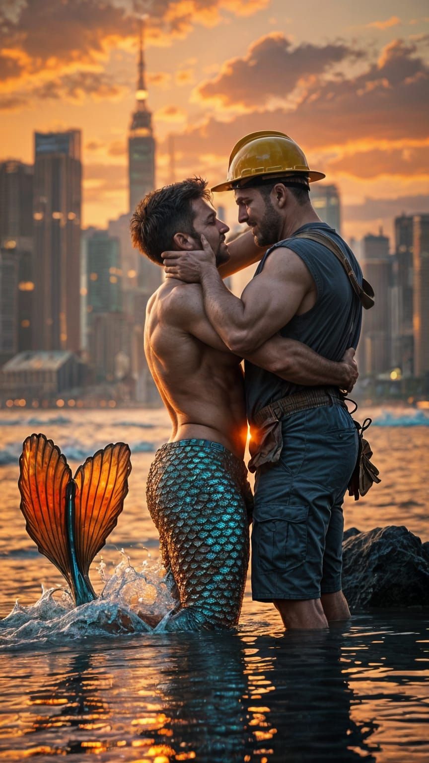 Merman and Construction Worker Share a Moment