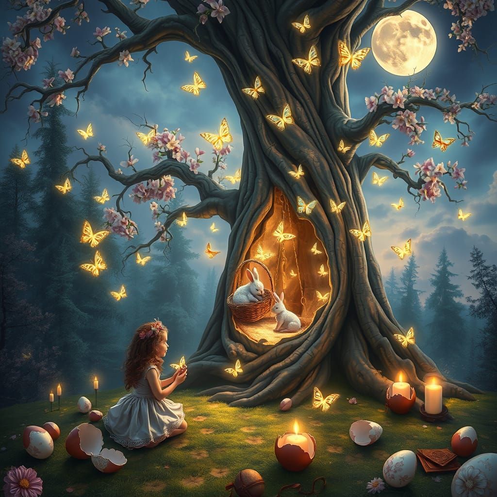 A highly detailed, hand-painted digital artwork depicting a surreal Easter scene set in a twilight forest clearing, wher...