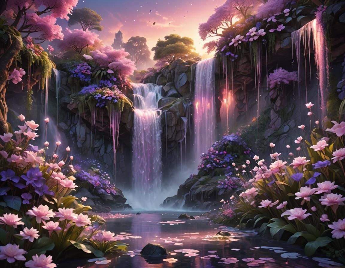 Mystical Waterfall Garden with Iridescent Flowers