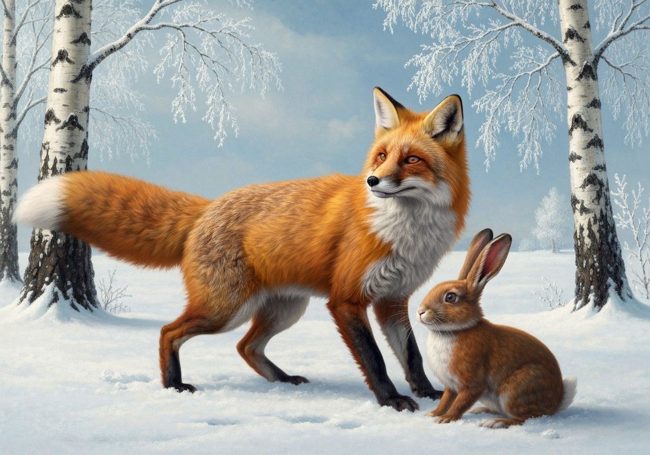 Regal Fox and Bunny Play in Snowy Landscape, Baroque Style