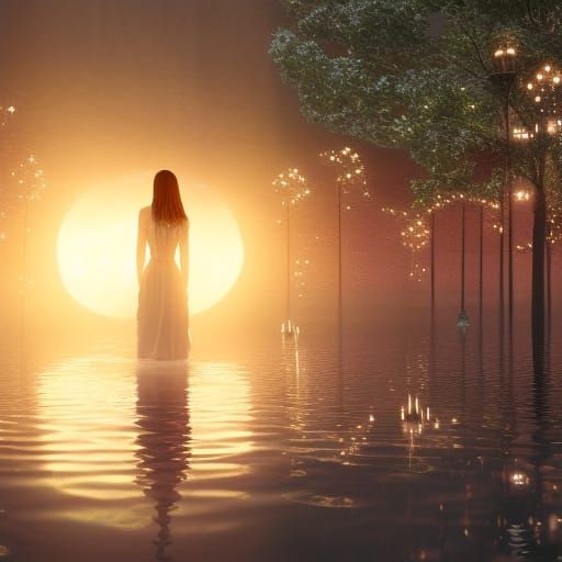 Surreal Pond of Clocks with Woman