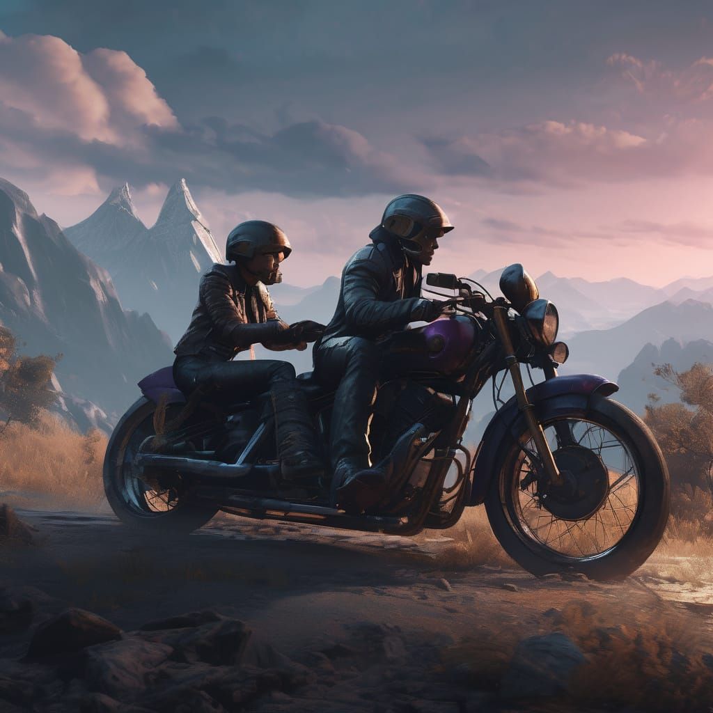 Moody Biker Couple in Embrace, Shaded in Unreal Engine Style