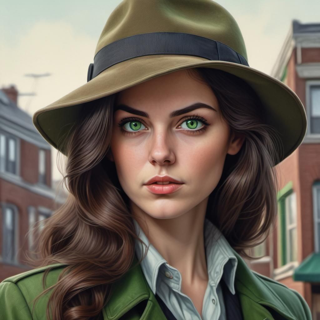 Hyperrealistic Female Detective Portrait in Retro Style