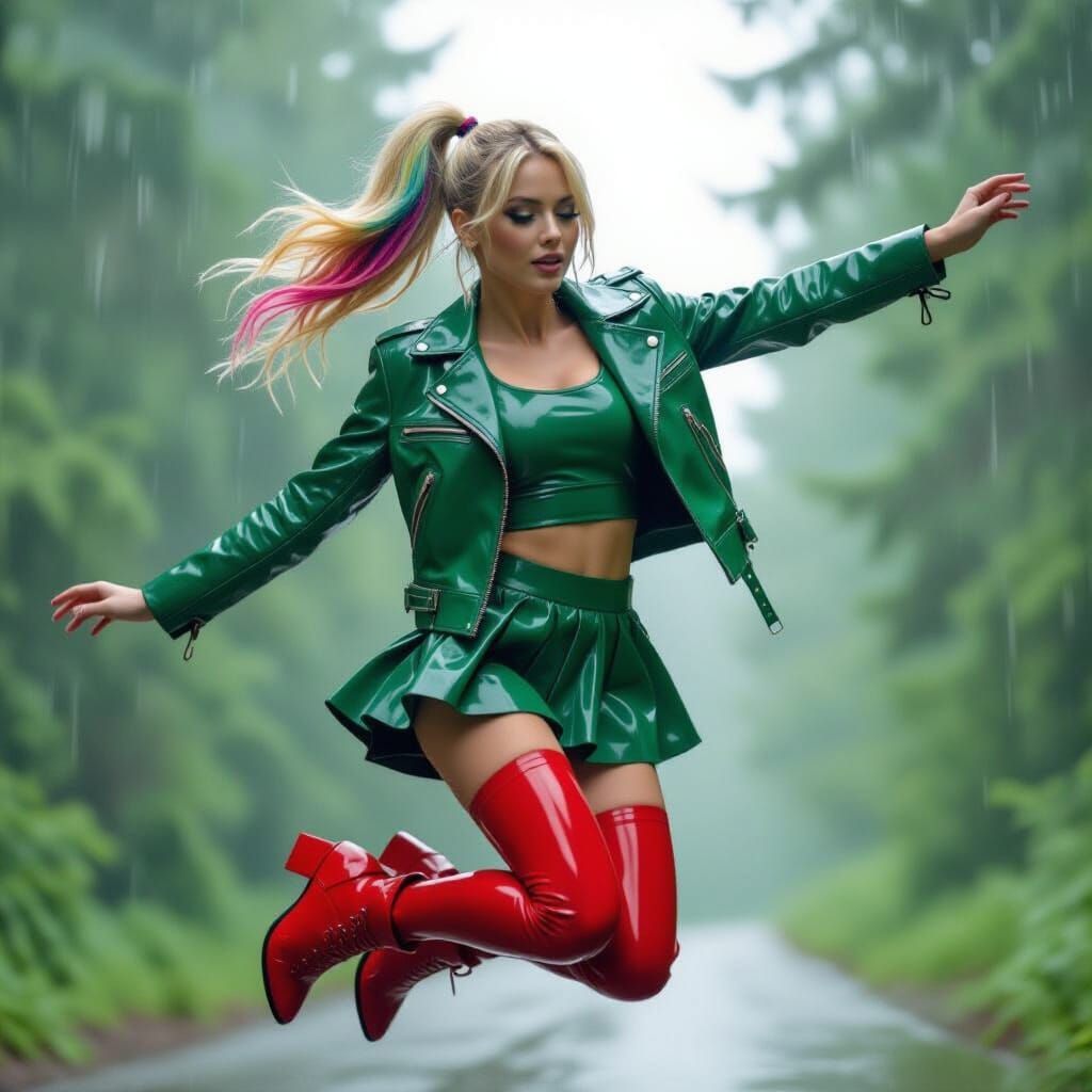 Rainbow Haired Woman Jumps in Spring Drizzle