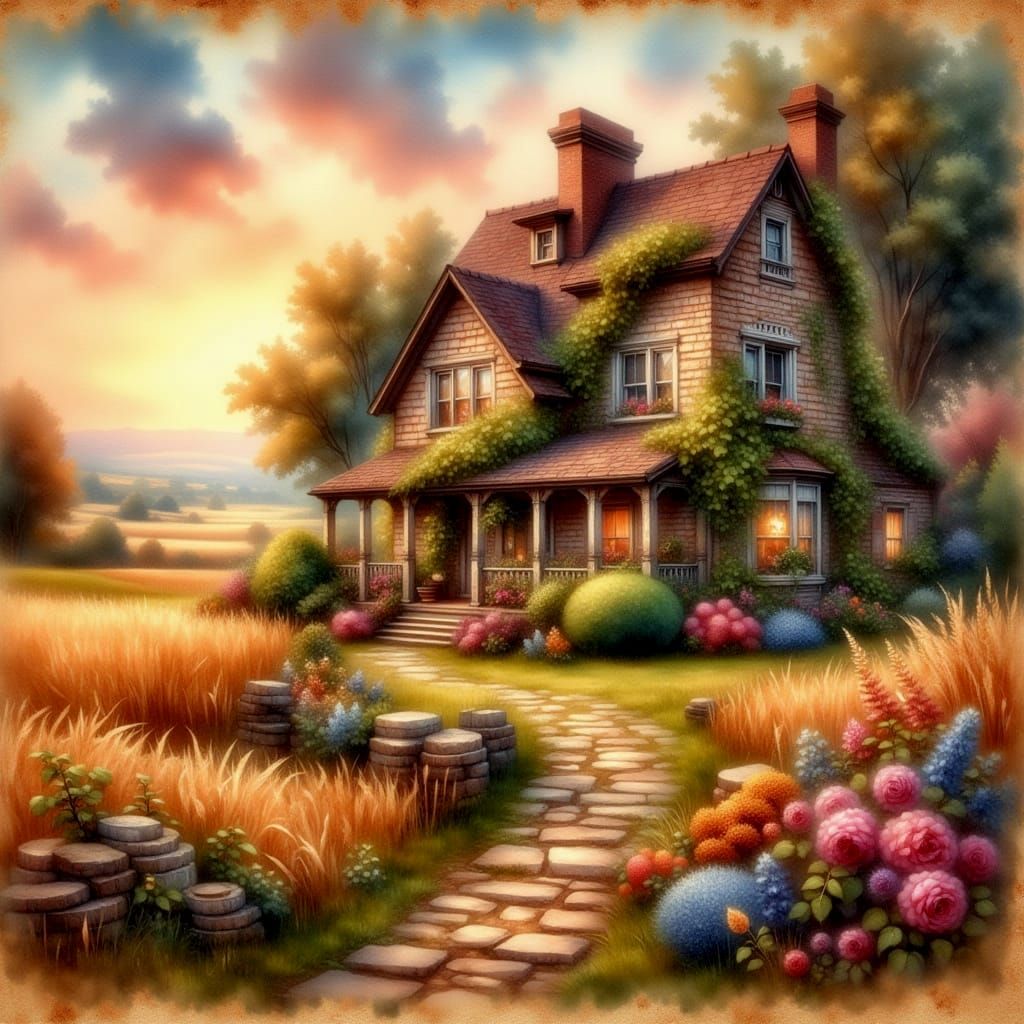 Idyllic Farmhouse Sunset in Painterly Style