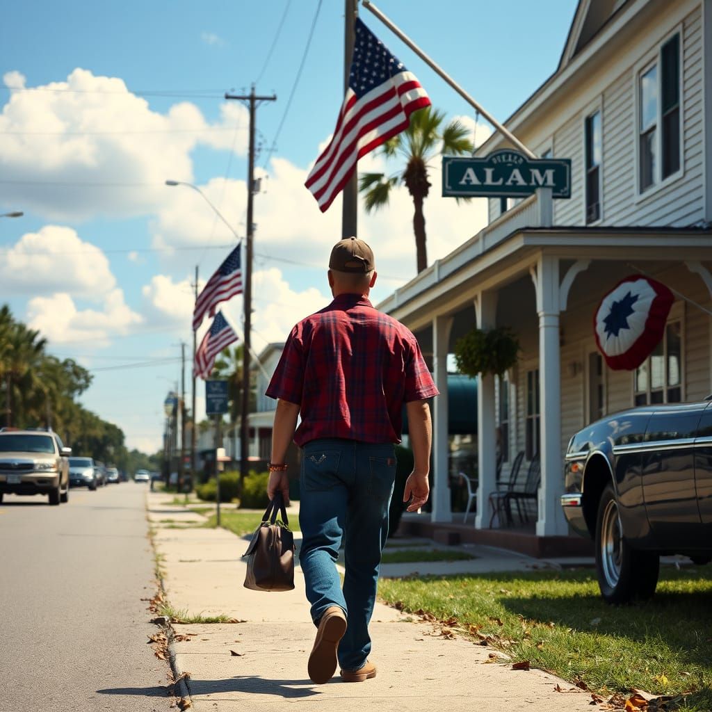 Man Walks on a Sunny Street in Alabama