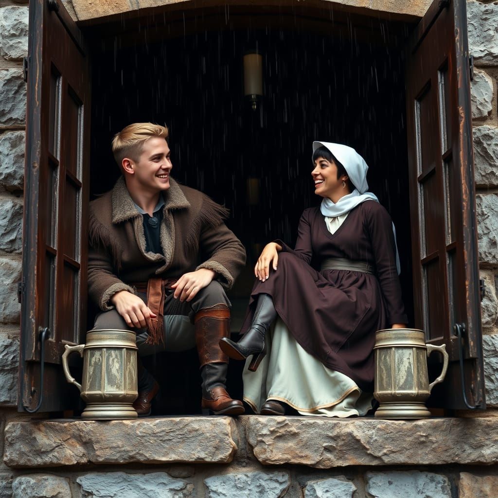 Medieval Couple Laughs in the Rain on Castle Window Frame
