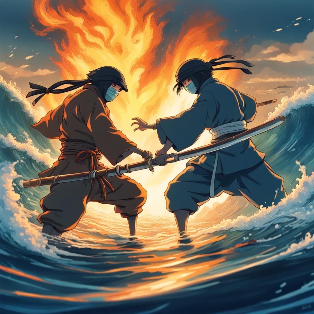 Water Ninja vs Fire Ninja: Anime Style Seascape