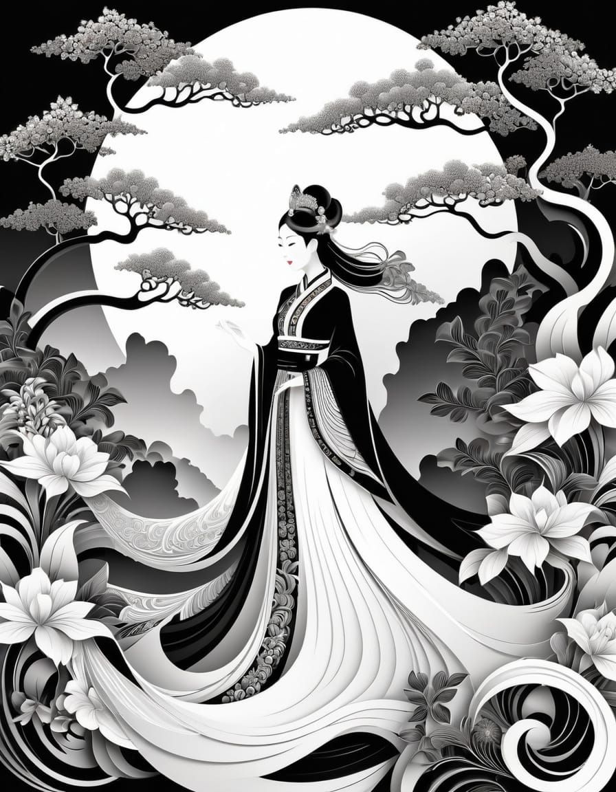 Elegant Black and White Zentangle Art of Chinese Princesses ...