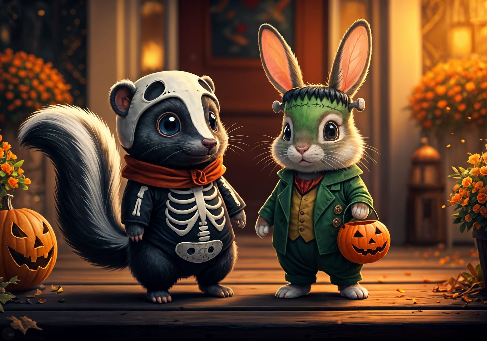 Cute Skunk and Bunny in Halloween Costumes Trick-or-Treating
