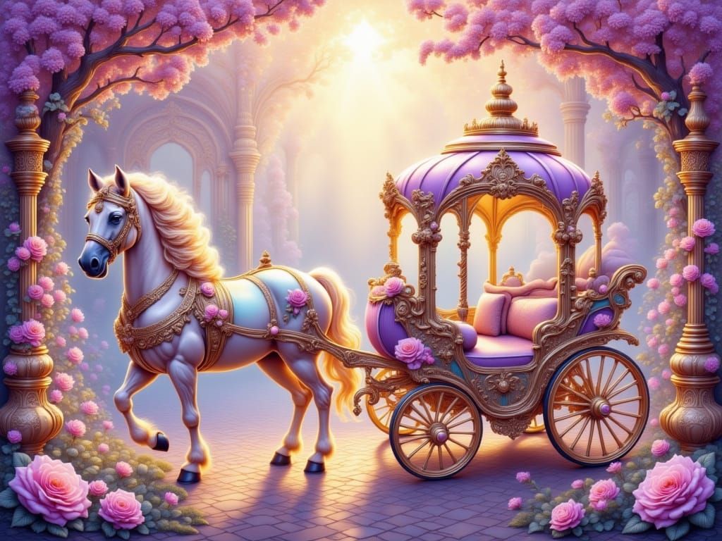 Baroque Oil Painting of Cinderella's Carriage in Lavender Hu...