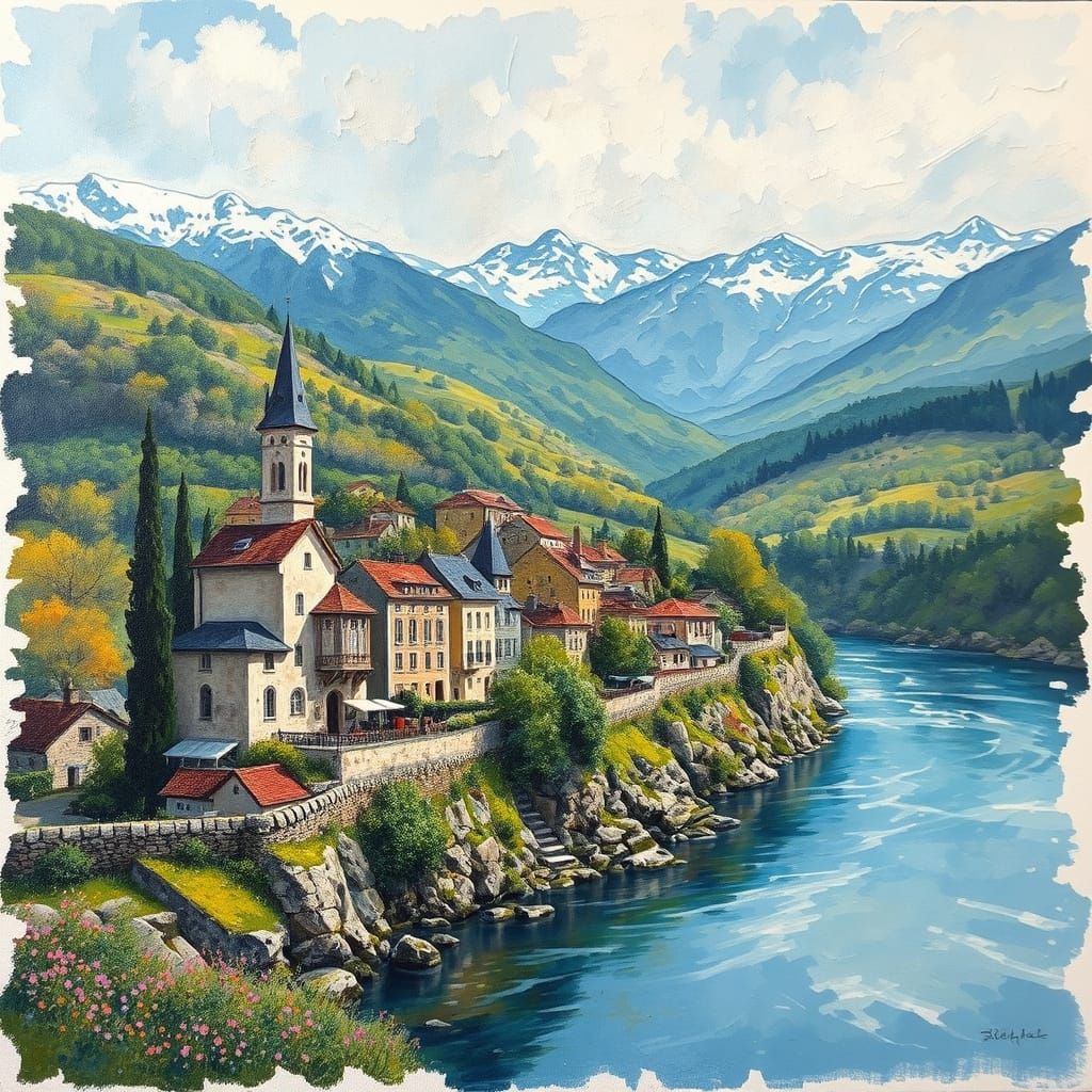 A vibrant French village nestled on a riverbank, surrounded ...