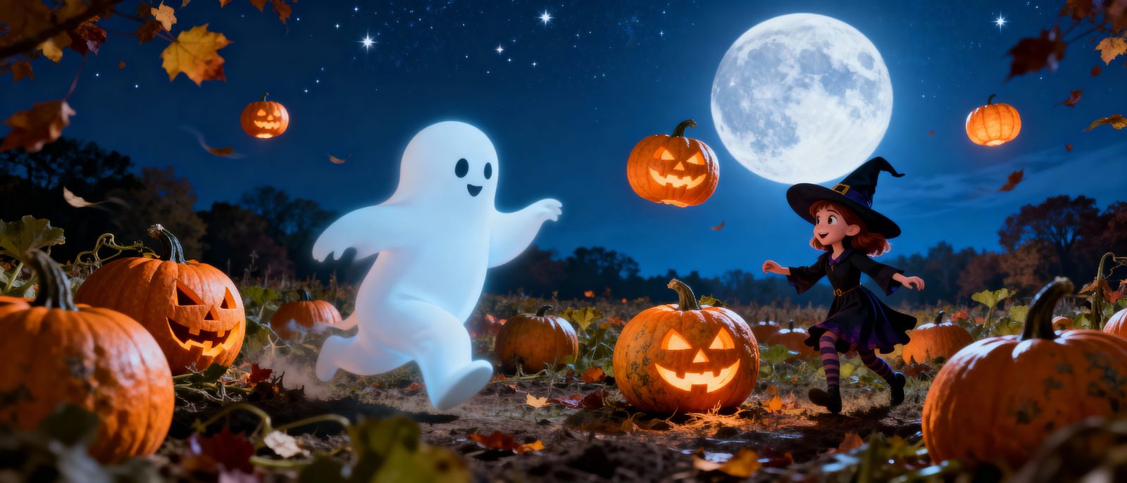 Casper & Wendy in a Pumpkin Patch on Full Moon Night