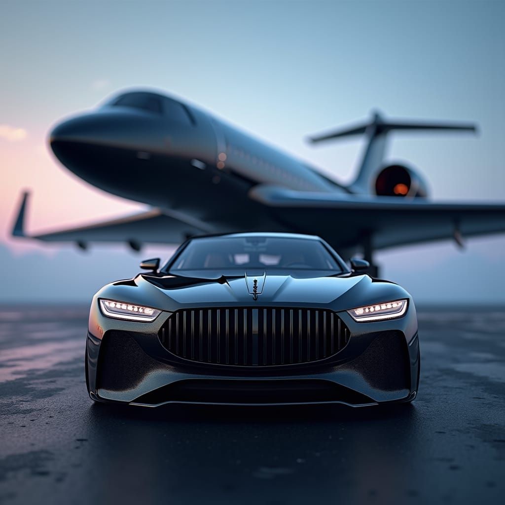 Luxury Black Airplane and Maybach in Futuristic Style