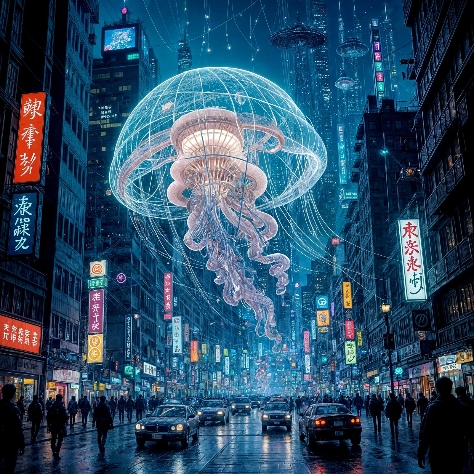 Bioluminescent Jellyfish Floats Through Cyberpunk City