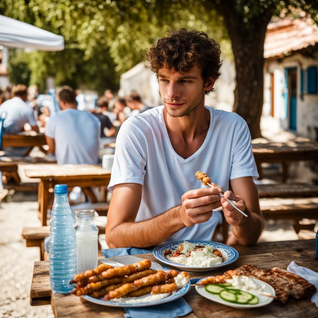 Man Eating Souvlaki on a Sunny Day