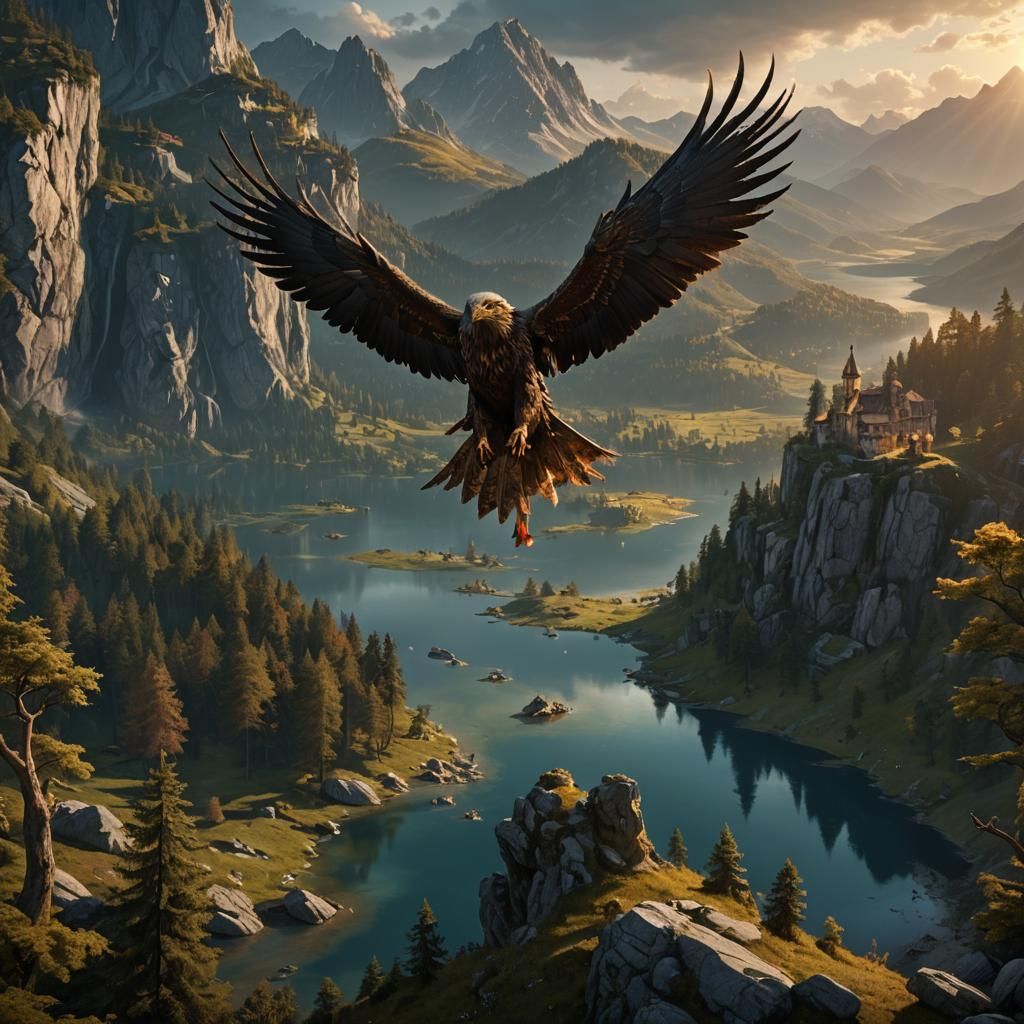 Eagle Soaring Over Alpine Lake: Dark Fantasy Art