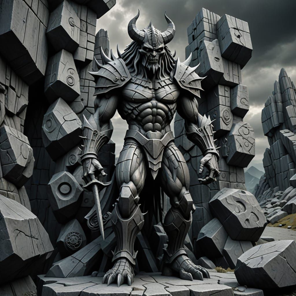 Fierce Abaddon Demonic Sculpture in Brutalist Style