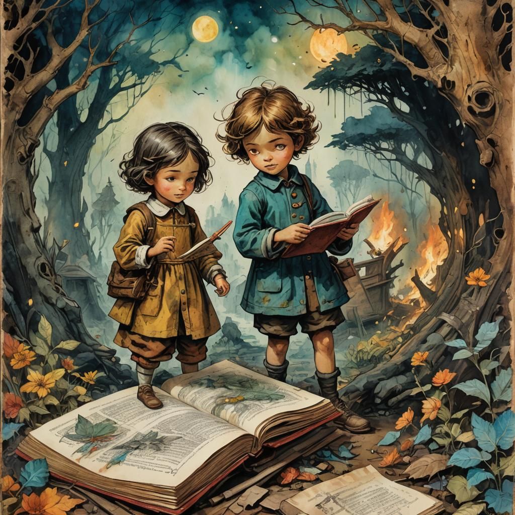 Children Drawing: Mixed Media Illustration on Vintage Page