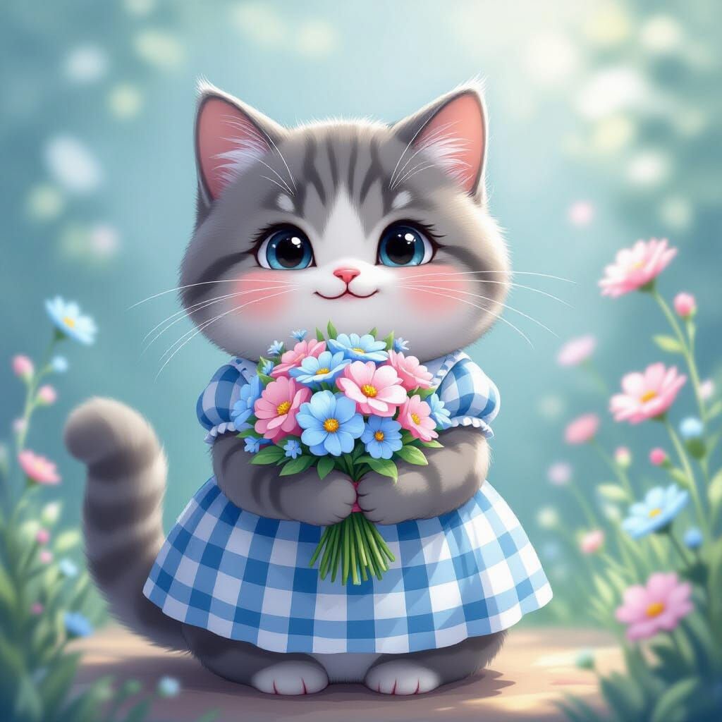 Pusheen Cat Holds Pastel Flowers in Whimsical Children's Boo...