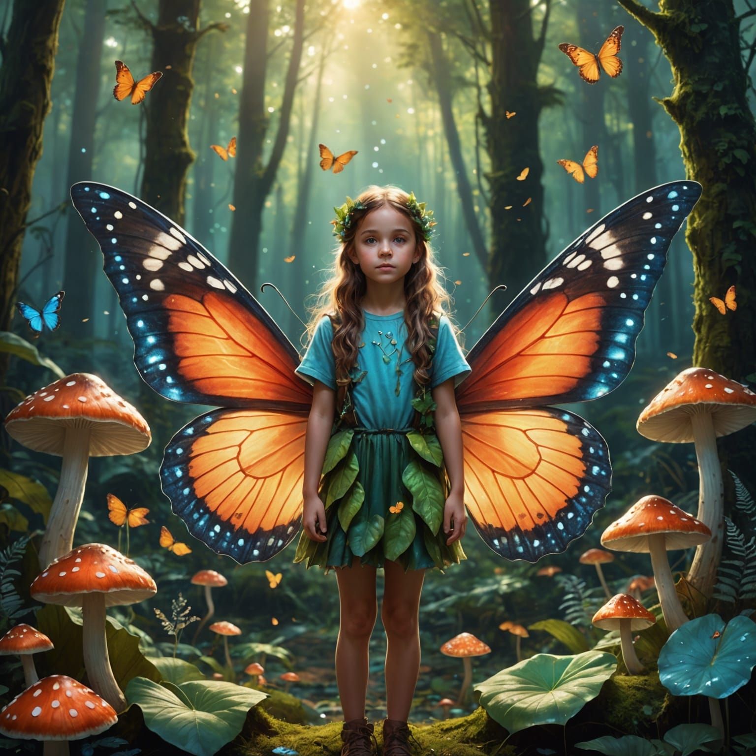 Girl with Butterfly Wings in Magical Forest