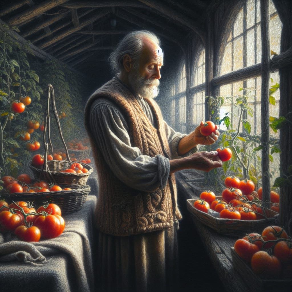 Old Man Selecting Tomato, Oil Painting Style