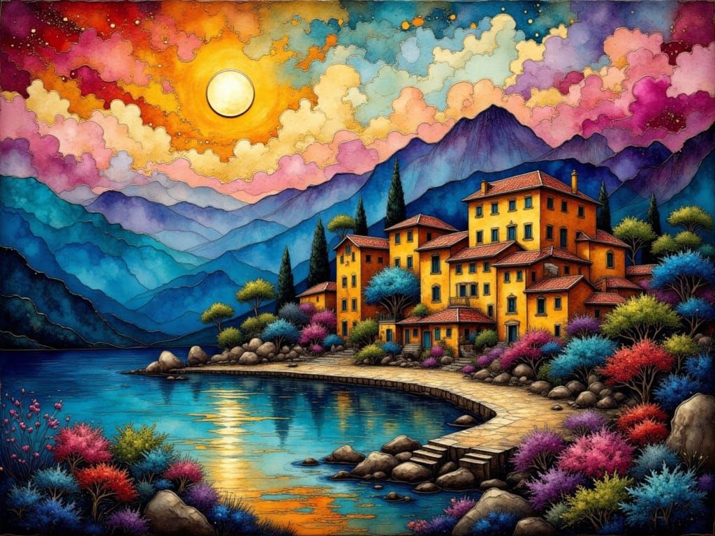 Multicolored Italian Villa Under Luminous Moon